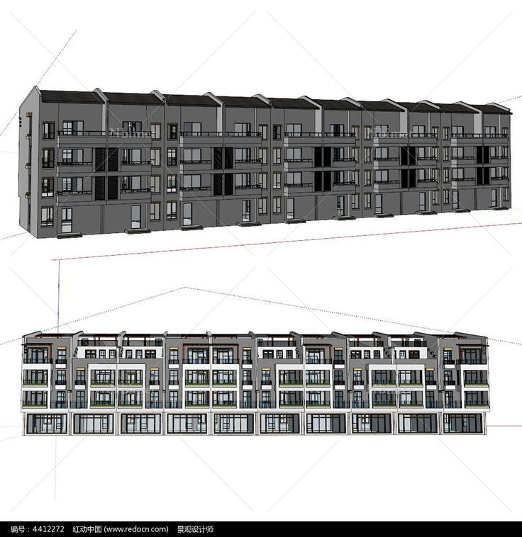 中式风格联排别墅建筑草图大师模型