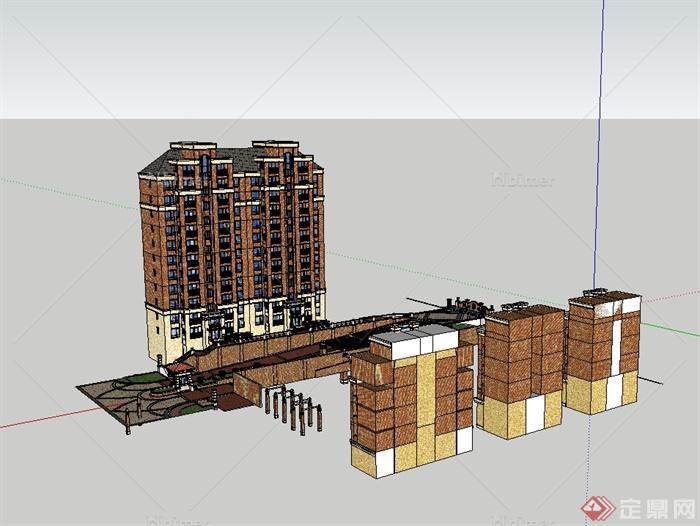 某欧式风格详细小区入口及住宅楼建筑设计su模型