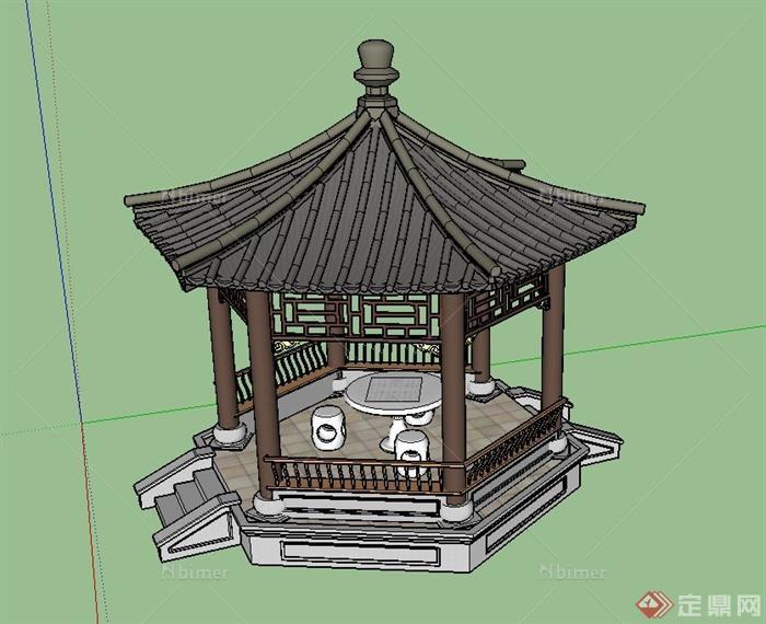 某古典中式带斗拱六角亭设计SU模型