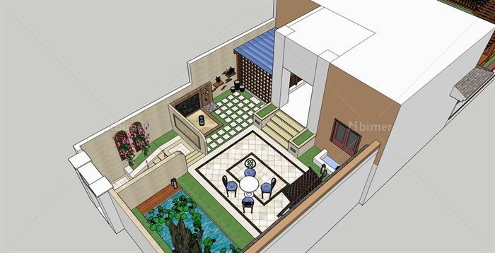 某现代中式风格别墅庭院设计SU模型+效果图[原创