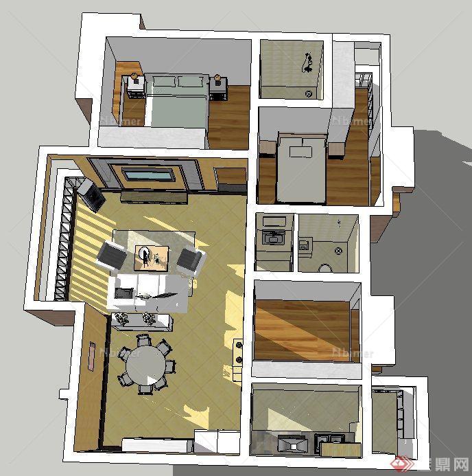 某简欧风格三室一厅住宅空间装修设计SU模型[原创