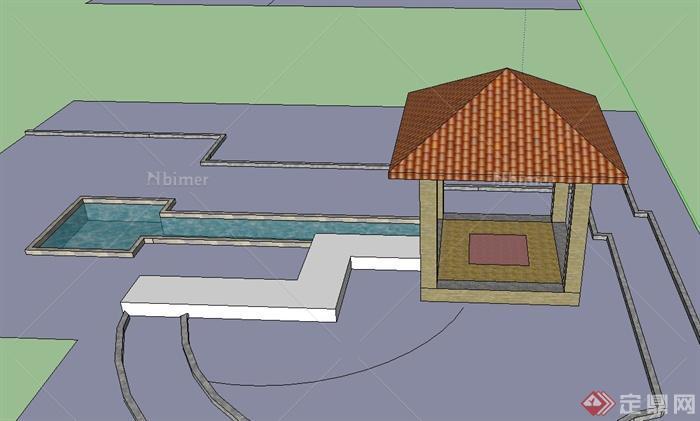 某庭院亭子与水池设计SU模型