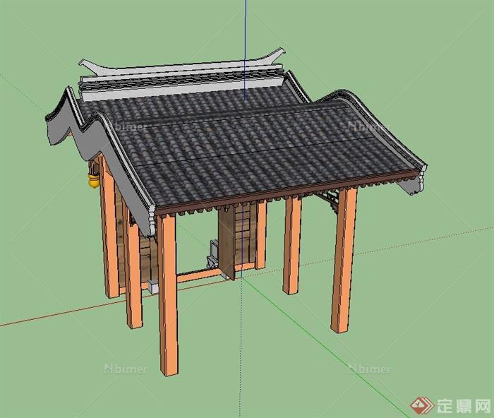 某古典中式木质门廊设计SU模型