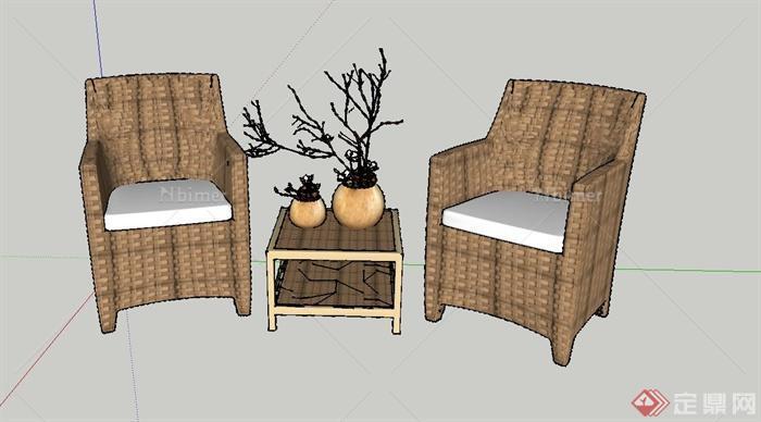 某室外两把藤编桌椅设计SU模型