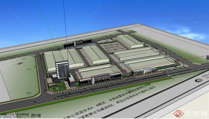 某现代沿街工业厂房建筑设计su模型含办公楼[原创