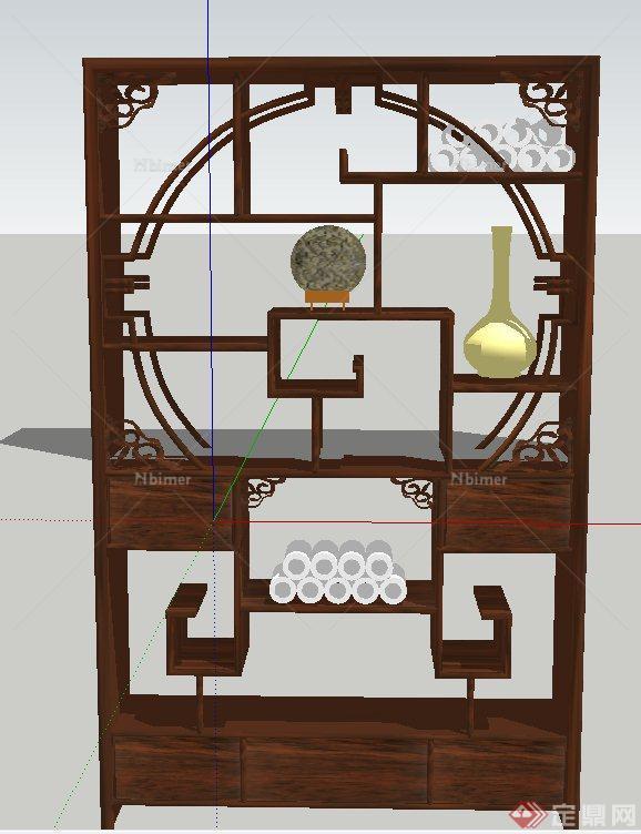 室内木质古典中式博古架设计SU模型