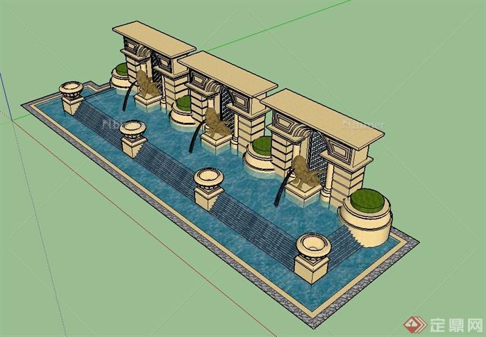 园林景观水景雕塑景墙设计SU模型
