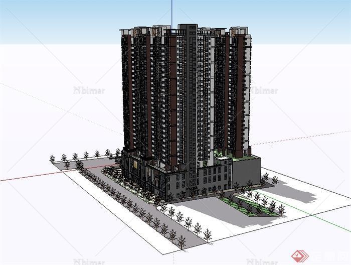 某代风格精致详细高层商住楼建筑设计SU模型[原创