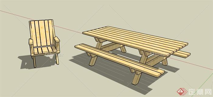 现代浅色木条户外桌椅组合SU模型[原创]