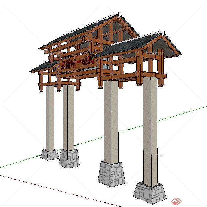 古典中式三房四柱牌坊设计SU模型