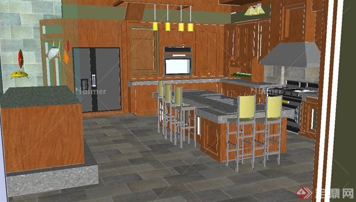 某现代住宅单层室内厨房餐厅组合设计su模型[原创