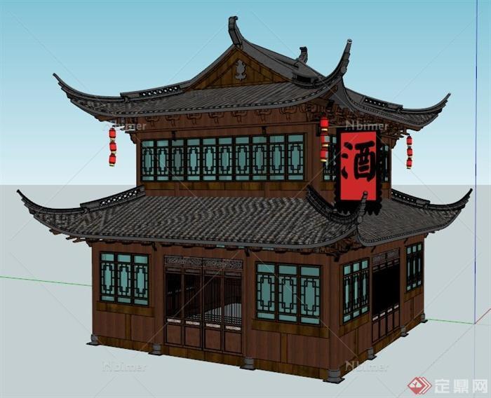 中式风格二层酒楼建筑设计su模型