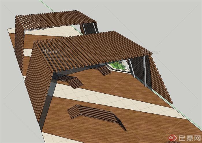现代倾斜木质廊架设计SU模型