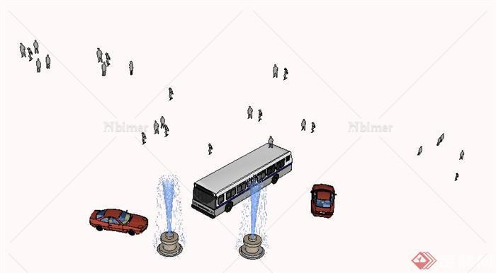 汽车、喷泉、人物设计SU模型