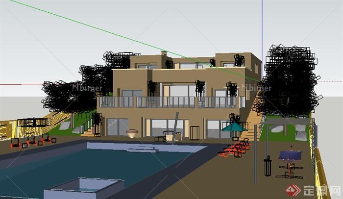 某室外多层别墅建筑设计SU模型（带泳池）