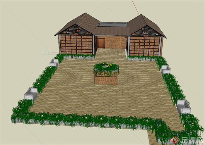 某乡村一层住宅景观设计SU模型