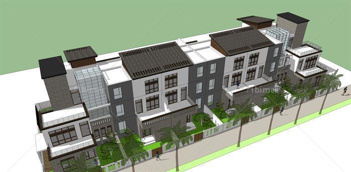 某新中式联排小高层住宅建筑方案设计SU模型[原创