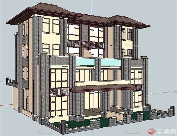 现代中式风格双拼别墅建筑设计su模型