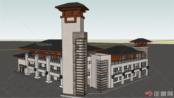 中式三层商业会所建筑设计SU模型