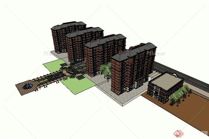 某欧式风格沿街商住小区楼建筑设计su模型[原创]