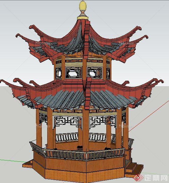中式仿古八角重檐亭设计su模型