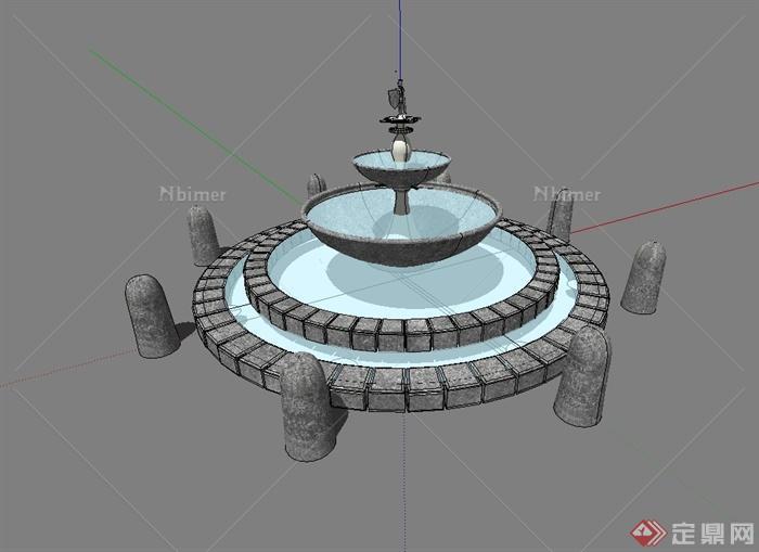 某现代风格小区入口水钵水景设计su模型[原创]