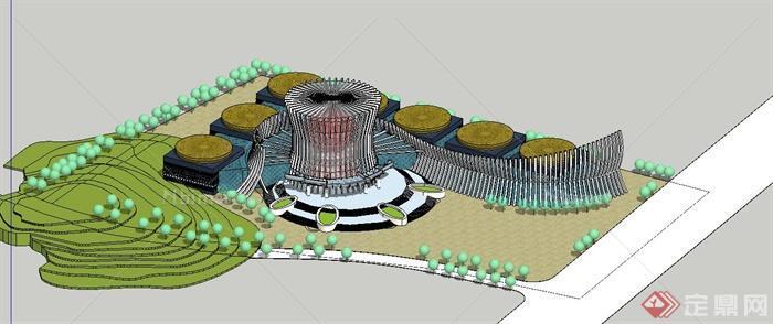 某现代中式风格民族铜鼓博物馆建筑设计SU模型[原