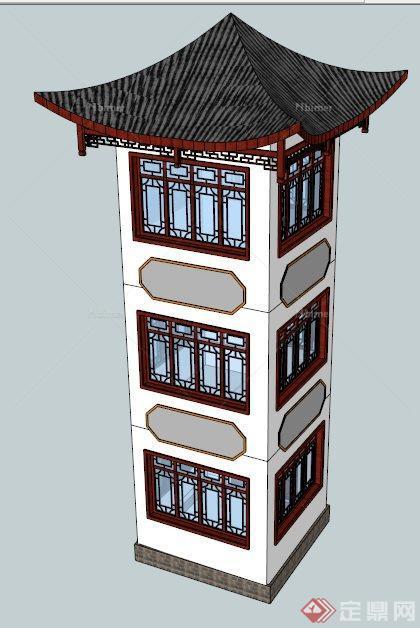 古典中式四角景观塔楼设计su模型