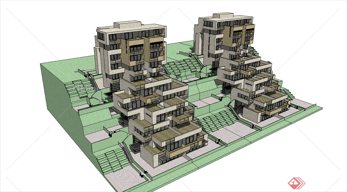 多层联排坡地别墅SU(草图大师)模型