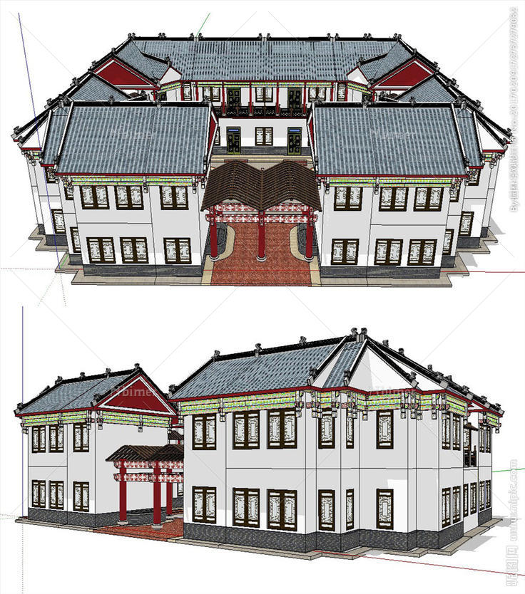 川西民居风格游客中心建筑模型图片