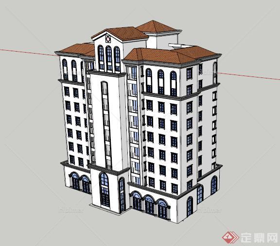 西班牙风格酒店式公寓住宅建筑设计su精细模型[原