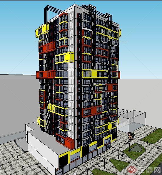 現代彩色高層寫字樓建築設計su模型原創