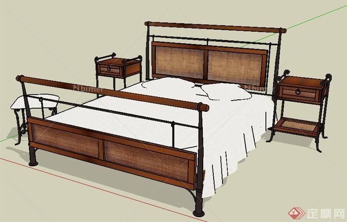 中式风格木质铁艺双人床su模型