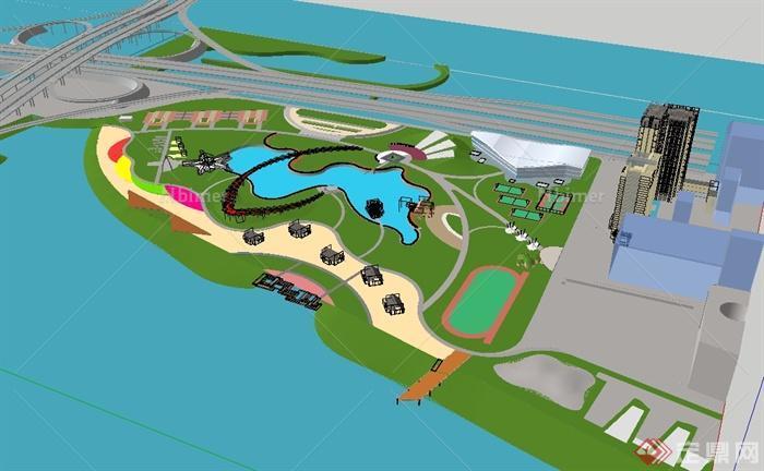 现代方风格海滨公园景观设计su模型加鸟瞰效果图