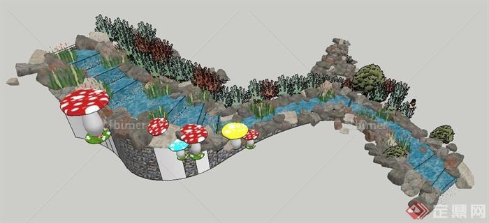 山间溪流叠水景石景观su模型