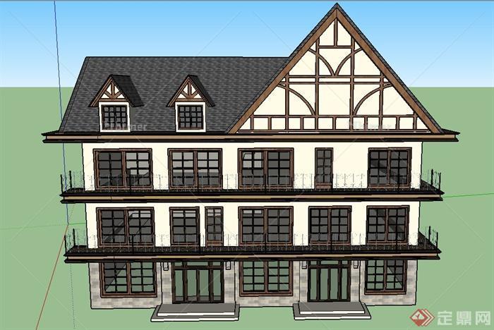 某欧式三层阁楼式餐饮店建筑设计SU模型