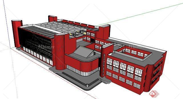 现代红色玻璃教学楼SU模型