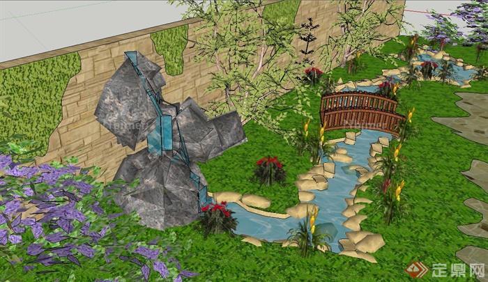 园林景观节点景石跌水与水体、园桥景观设计SU模