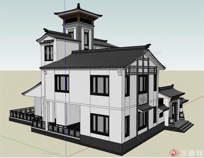 现代中式风格豪华别墅建筑设计su模型