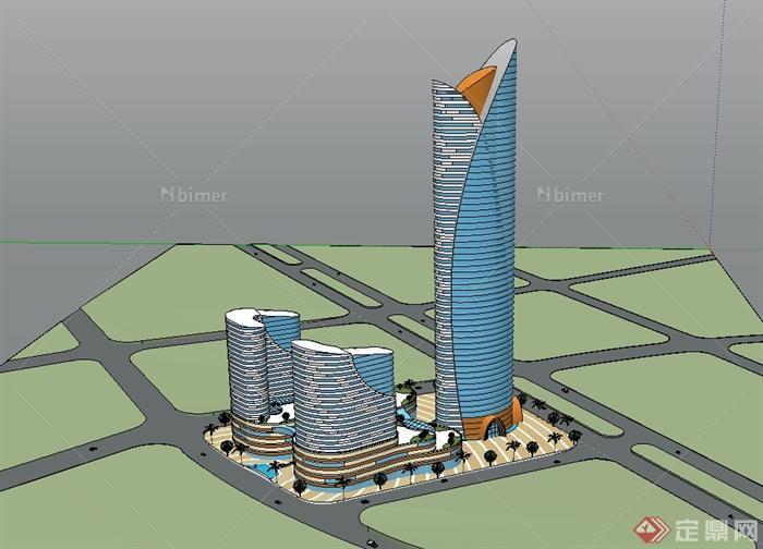 某现代风格独特商城及办公大厦综合体设计su模型