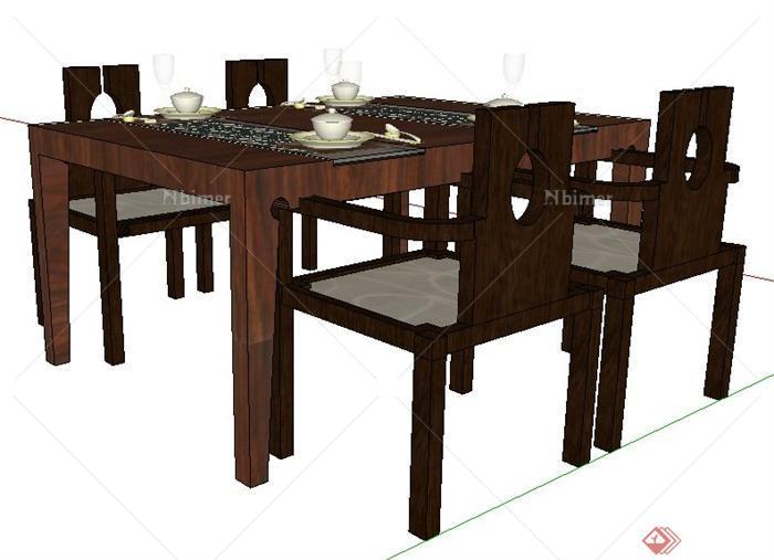 中式风格木制四人座餐桌椅su模型