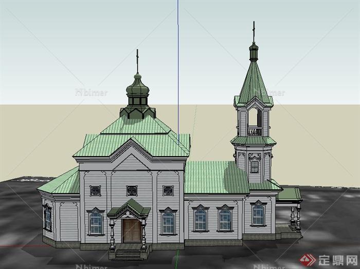 某单层欧式风格青色教堂建筑设计SU模型
