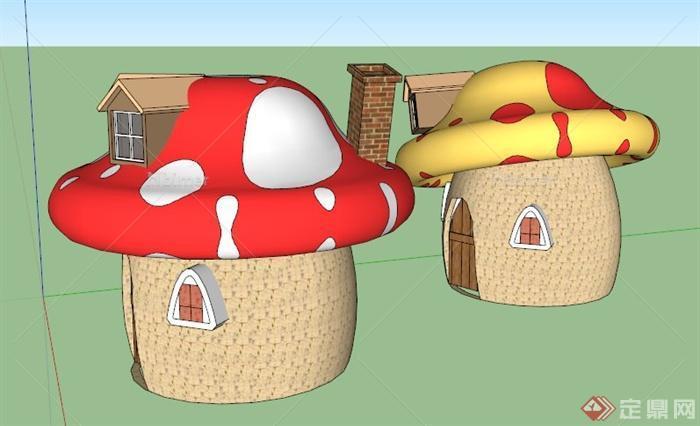 两栋蘑菇状小房子su模型