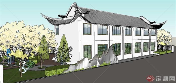 中式风格二层办公楼及景观环境su模型
