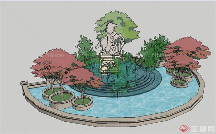 某现代雕塑水池景观设计su模型