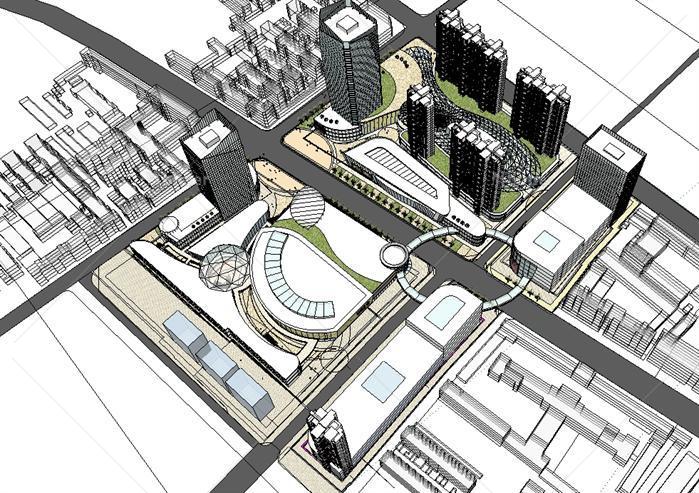 大型商业广场＋写字办公中心建筑设计方案su模型