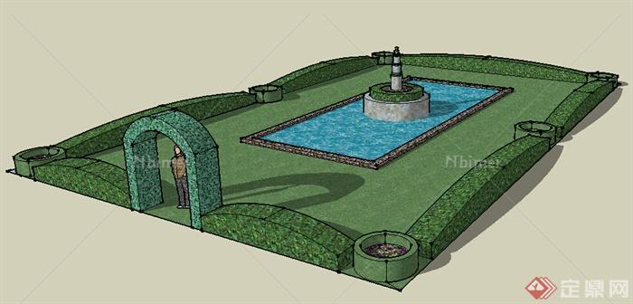 某现代风格绿篱围合庭院景观带喷泉设计SU模型