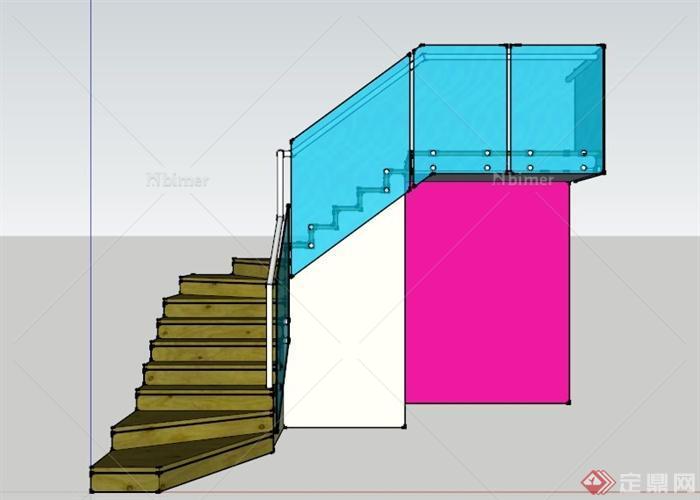 蓝色玻璃围栏楼梯设计SU模型[原创]
