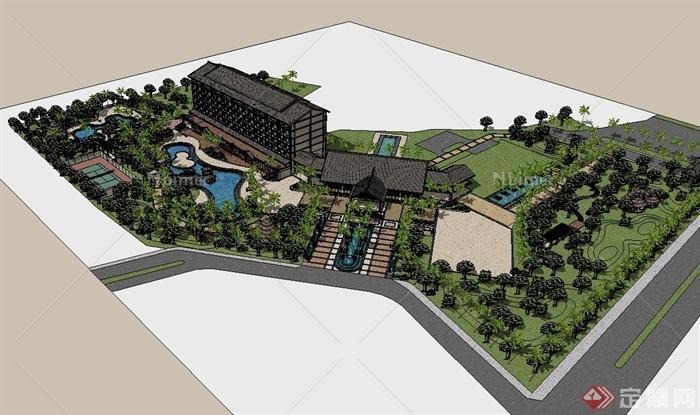 东南亚风格度假酒店建筑景观设计su模型[原创]