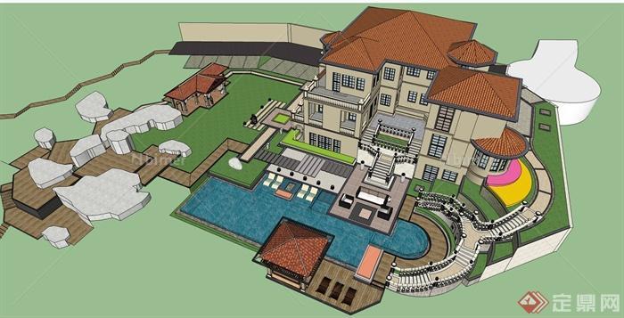 某欧式郊外别墅会所建筑设计SU模型与景观设计效